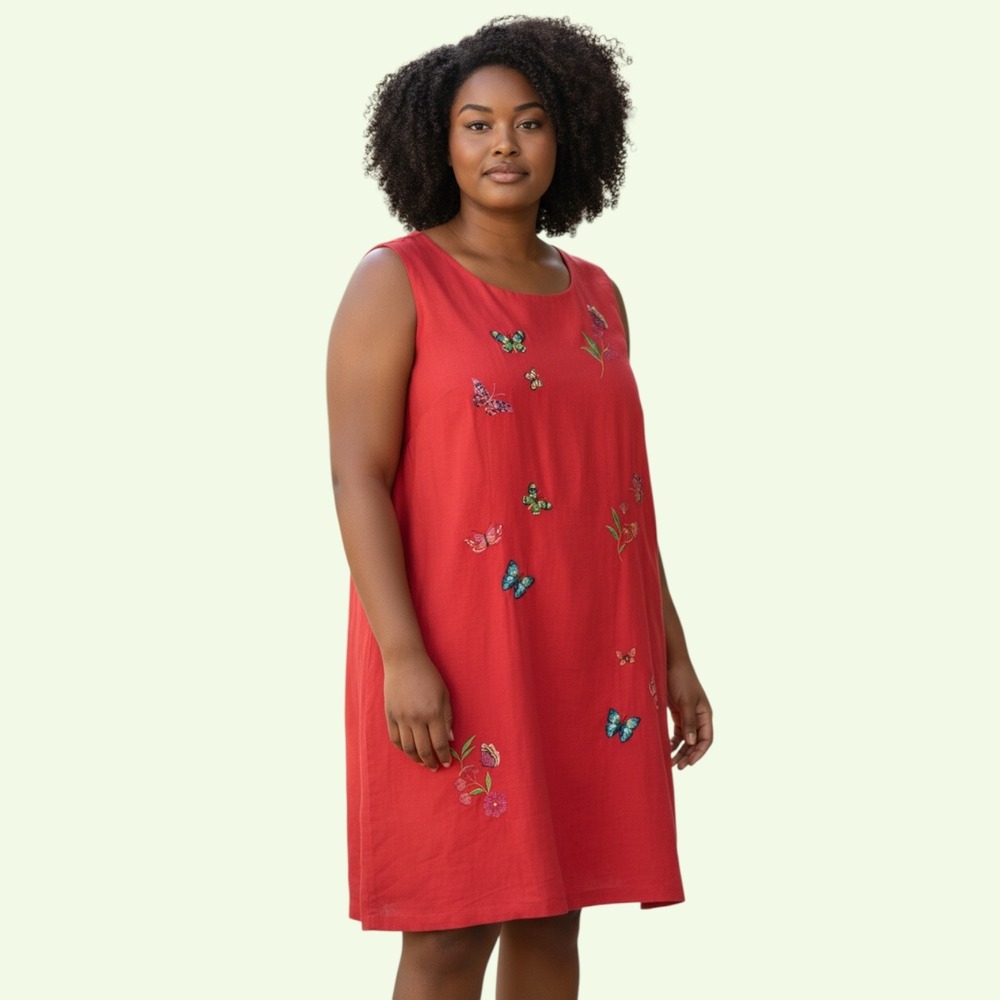 Ultra Dress New York Red‎ Linen Blend Butterfly Embroidered Sheath Dress 24W